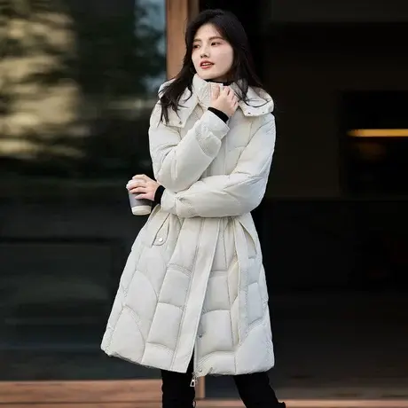 时尚气质2023年冬季新款百搭温柔淑女通勤连帽可拆中长款棉服外套商品大图