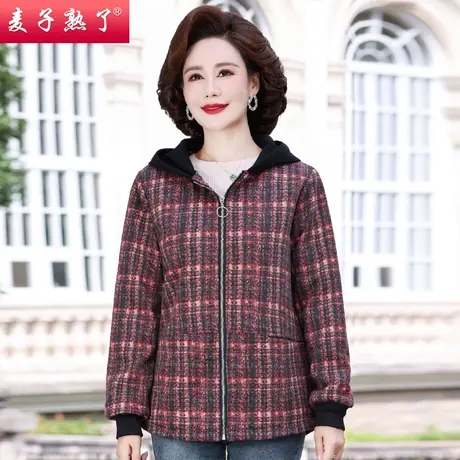 中年女妈妈秋装中长款格子呢子洋气大衣中老年春秋新款连帽外套女图片