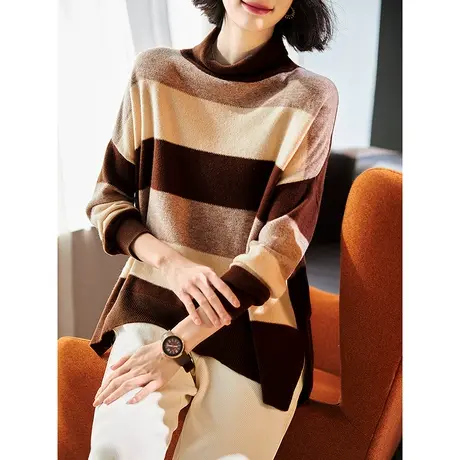 宝诗黎高领条纹宽松落肩上衣女2023秋冬新款长袖套头羊毛衣针织衫商品大图