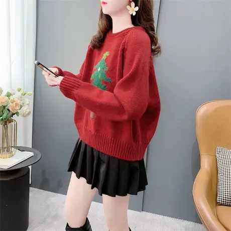 圣诞红色氛围感软糯圆领毛衣女2023秋冬新款宽松减龄超好看针织衫商品大图