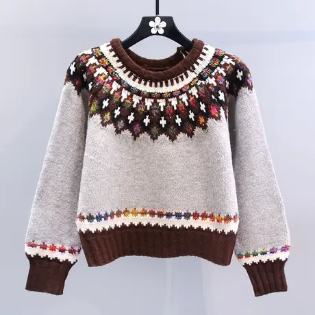 复古名族风提花圆领套头毛衣女秋冬2023新款宽松慵懒高级感针织衫商品大图