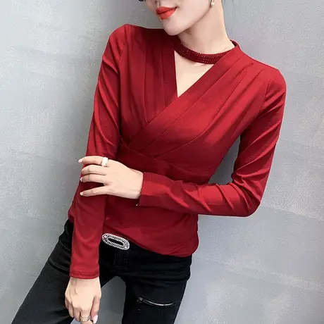 2024春秋新款性感镂空V领T恤女长袖设计感交叉洋气上衣百搭打底衫商品大图