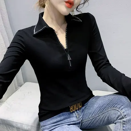 加厚加绒打底衫女春秋时尚拉链V领长袖T恤女装修身百搭洋气上衣潮商品大图