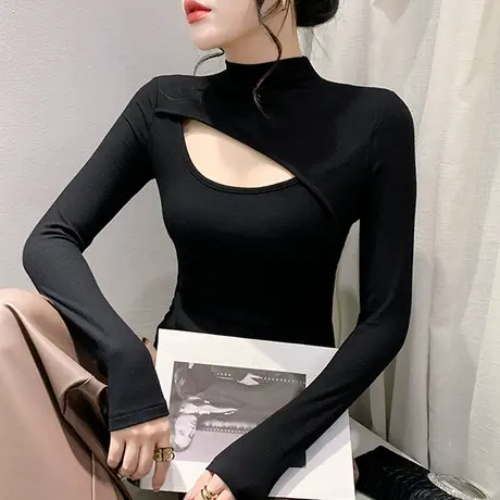 黑色镂空加厚上衣性感立领气质减龄T恤女长袖复古秋冬新款打底衫图片