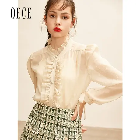 Oece秋冬新款女装 法式复古甜美花边长袖雪纺衫上衣内搭衬衫商品大图