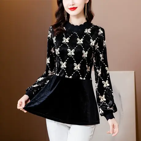 金丝绒薄款打底衫女长袖春季2023年新款高档洋气小衫时尚印花妈妈图片