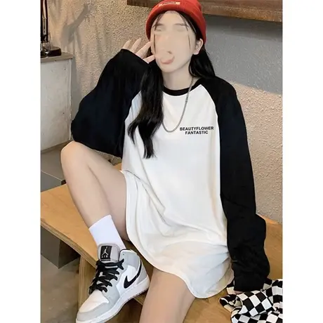 宽松中长拼色插肩长袖t恤女2023秋冬新款潮牌字母上衣百搭打底衫商品大图