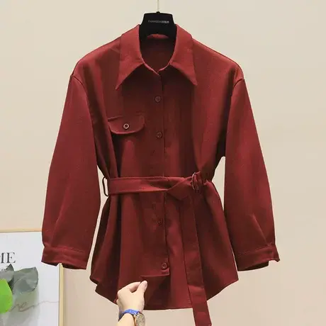 欧货2023秋季新款设计感小众系带收腰宽松中长款灯芯绒衬衫女长袖商品大图