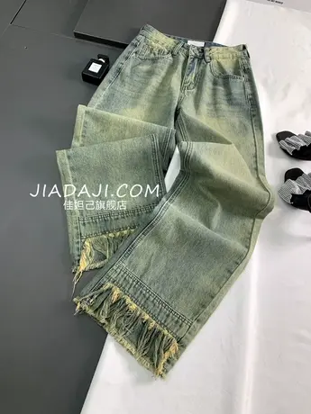 韩版磨白牛仔直筒长裤女2023春夏新款显瘦百搭裤脚流苏宽松阔腿裤商品大图