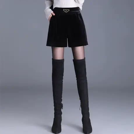 松紧腰黑色丝绒短裤女2023秋冬新款遮胯显腿长百搭阔腿裤休闲靴裤商品大图