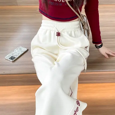 杏色拼接束脚阔腿运动裤女春秋新款抽绳灯笼裤宽松休闲直筒卫裤子图片