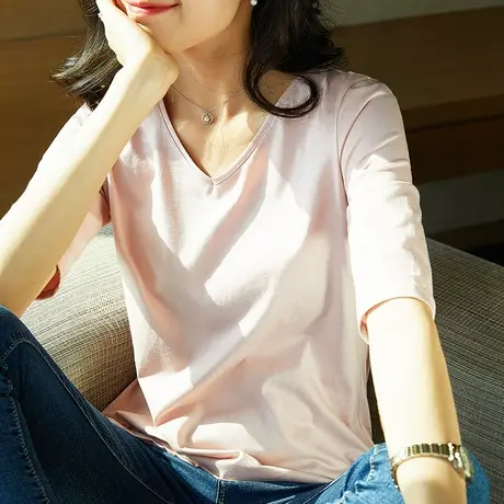 雀后纯棉中袖T恤女2023春装新款打底七分半白色上衣宽松五分体恤商品大图