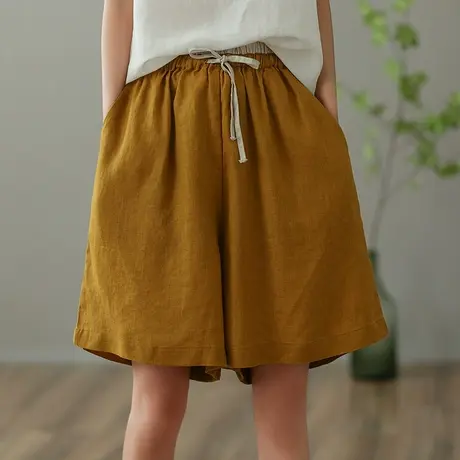 dza 高腰显瘦亚麻短裤女2023夏季薄款五分休闲裤宽松棉麻阔腿裤子图片