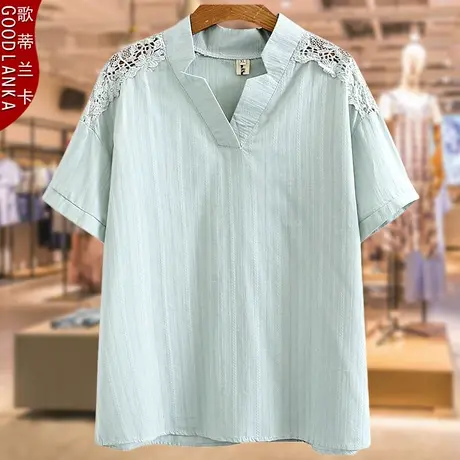 加肥加大码中年胖妈妈夏装短袖t恤女洋气镂空V领宽松T恤纯棉上衣商品大图