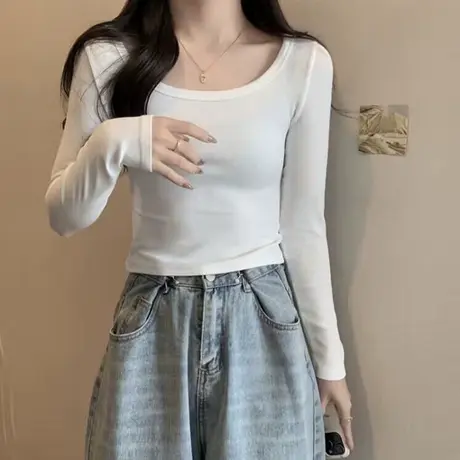 秋冬德绒磨毛长袖T恤女2023新款修身韩版短款内搭打底衫上衣服潮商品大图