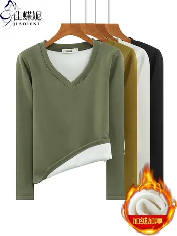 秋冬新款韩版纯色V领加绒加厚修身发热长袖体恤上衣内搭女打底衫商品大图