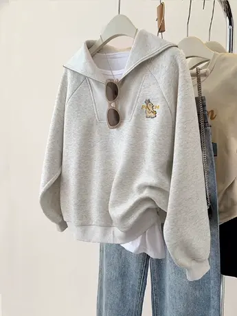 胖mm秋冬宽松加绒半拉链卫衣女美式复古大码潮ins设计感外套上衣商品大图