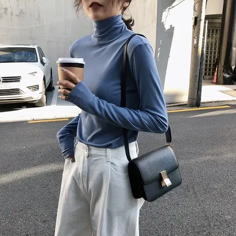 2024新款春秋冬季新款白色内搭洋气半高领打底衫长袖t恤女上衣服图片