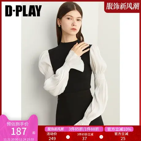 DPLAY秋新法式黑拼白半高领针织衫鎏光纱葫芦袖复古撞色上衣图片
