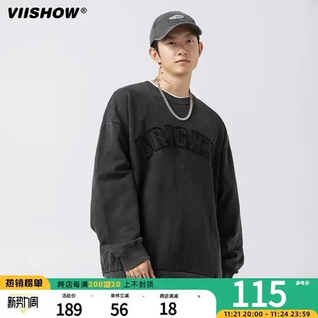 VIISHOW日系复古砂洗做旧刺绣圆领纯棉卫衣男宽松字母贴布绣上衣商品大图