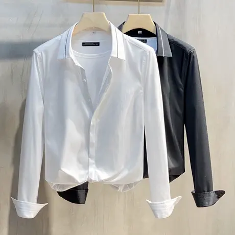 2023年春秋新款男士商务休闲衬衫条纹领韩版修身纯色衬衣百搭上衣商品大图