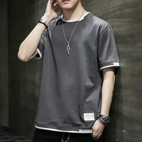 夏季薄款假两件男士短袖2024新款港风ins潮牌潮流t恤百搭体恤衣服商品大图