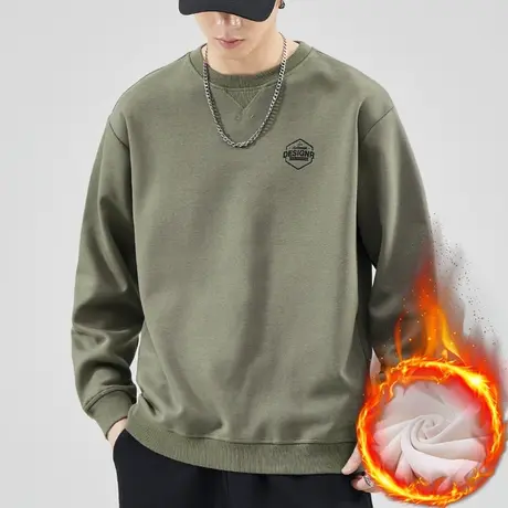 潮牌重磅加绒加厚男士冬季保暖圆领卫衣秋冬款防风带绒长袖上衣服商品大图