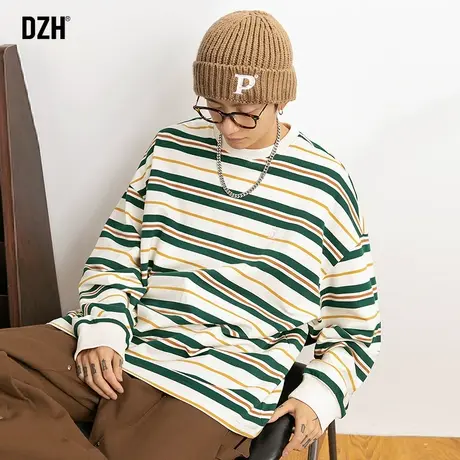 男士美式条纹t恤男长袖圆领潮牌秋季上衣宽松体恤男装2023新款潮商品大图