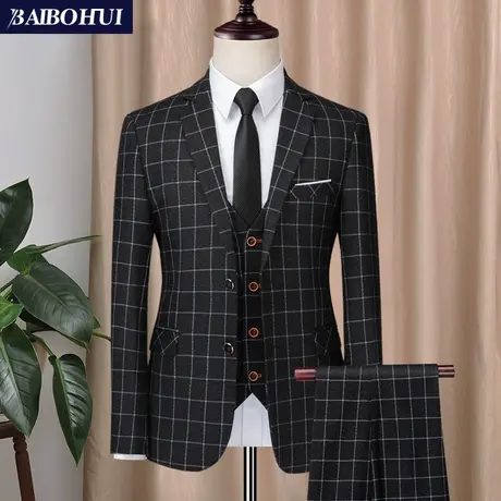西服套装男士三件套格子商务职业正装小西装男套装新郎结婚礼服潮图片