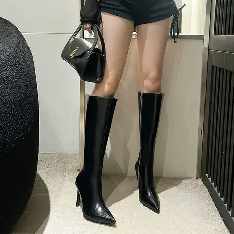 靴子女2023新款法式皮靴黑色细跟高跟靴秋季高级不过膝显瘦长筒靴图片