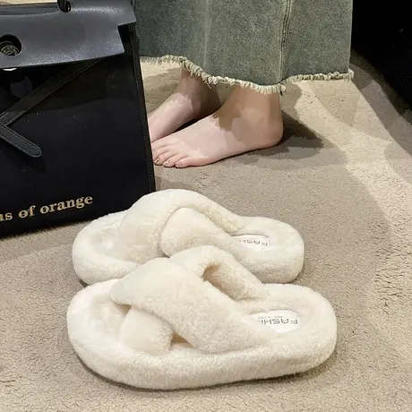 网红交叉毛毛拖鞋女2023新款松糕厚底毛毛鞋加绒保暖居家棉拖秋冬商品大图