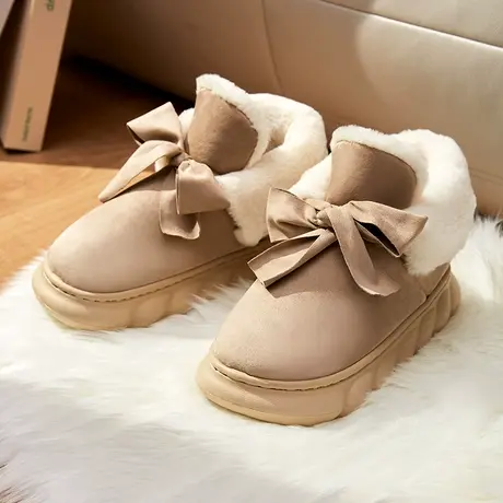 高档麂皮绒棉拖鞋女冬季蝴蝶结厚底踩屎感室内家居包跟保暖棉拖冬商品大图