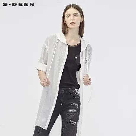 sdeer圣迪奥女宽松运动连帽字母印胶开衩下摆长款衬衫S19180540图片