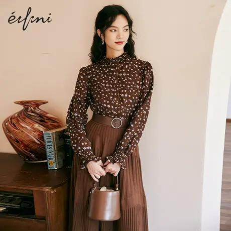 伊芙丽碎花衬衫女2021秋季新款衬衣木耳边气质百搭长袖简约小上衣图片