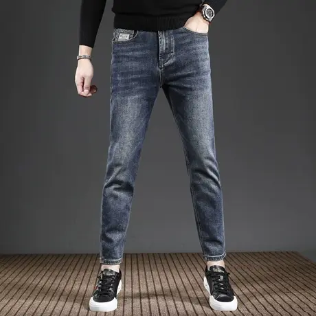 高端牛仔裤男2023秋冬新款潮牌修身小脚弹力百搭蓝色男士休闲裤子商品大图