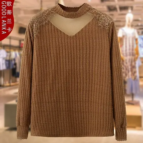 中年妈妈秋冬加绒蕾丝打底衫上衣大码时尚加厚保暖磨毛长袖T恤女商品大图