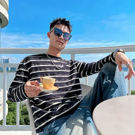 春秋季复古ins卫衣男条纹拼色潮牌小众长袖t恤宽松打底衫上衣休闲商品大图