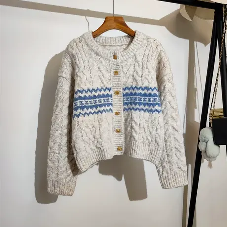 复古圆领毛衣外套女秋冬新款设计感小众加厚麻花针织开衫短款上衣图片