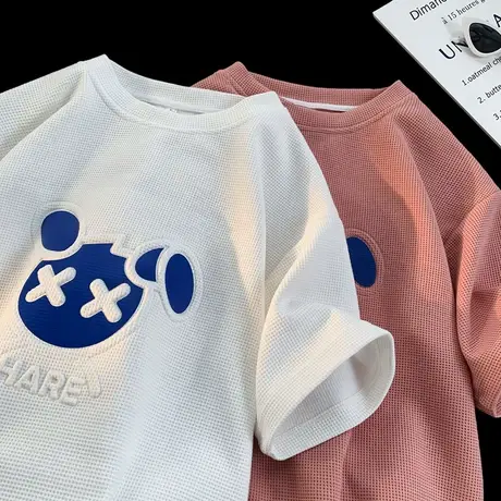 华夫格短袖t恤男女夏季潮牌宽松五分袖潮流情侣美式高街大码体恤商品大图