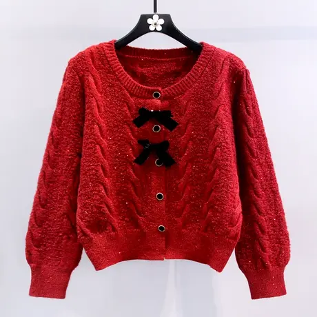 小香风红色蝴蝶结麻花毛衣外套女冬季2024新款宽松设计感针织开衫图片