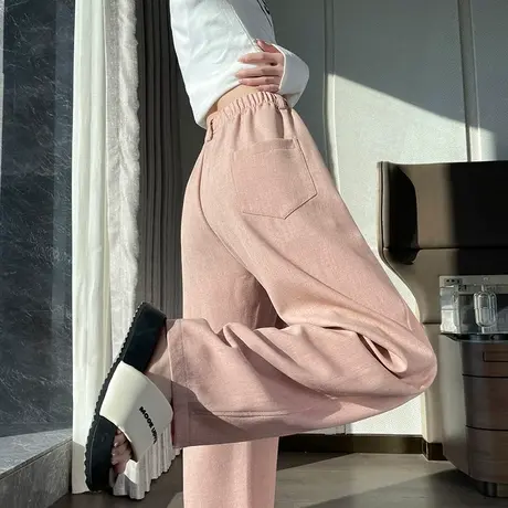 黄色休闲阔腿裤女2024春夏新款高腰直筒宽松显瘦垂感棉麻抽绳长裤图片