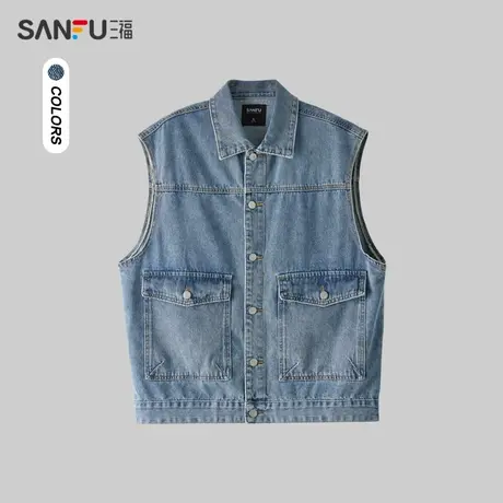 三福2024春季男士学院休闲牛仔马甲 时尚宽松翻领上衣男482574商品大图