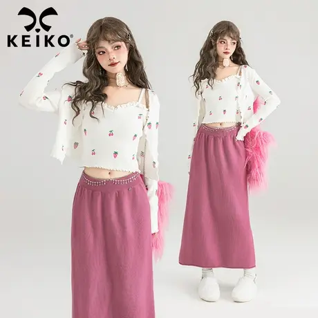 KEIKO 少女感草莓刺绣针织开衫两件套春夏甜美风上衣+吊带小背心商品大图