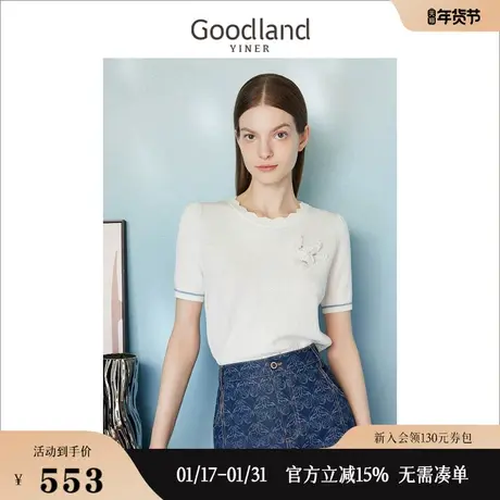 【非遗源流】Goodland美地女装2023夏季绣花蝴蝶结短袖针织衫商品大图