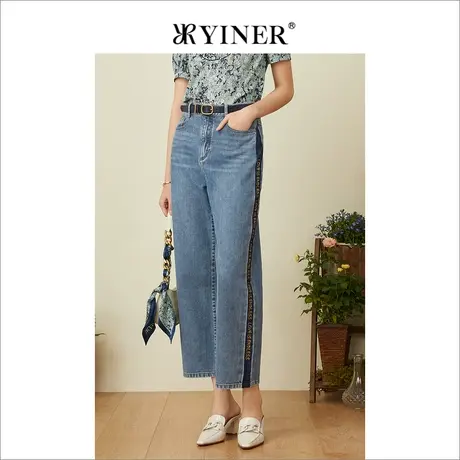 YINER音儿女装2022夏季新款九分高腰垂感阔腿牛仔裤商品大图