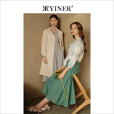 YINER音儿女装春季女装法式优雅中长款双排扣风衣气质外套商品大图
