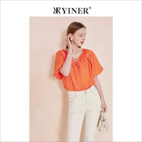 YINER音儿女装夏季法式优雅时尚短袖飘带领衬衫橙红上衣商品大图