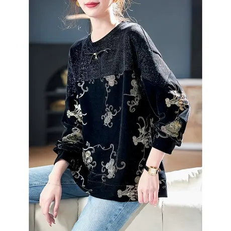 宝诗黎圆领亮丝刺绣丝绒卫衣2024春季气质高级感百搭休闲上衣女图片