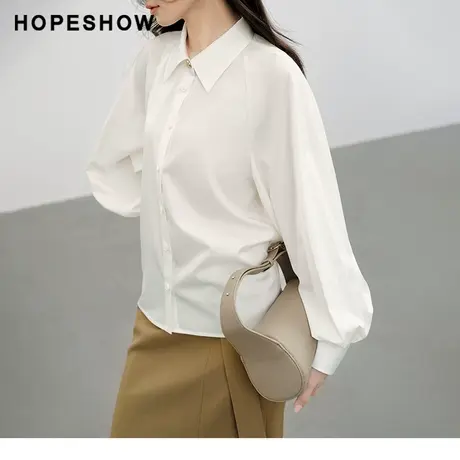 红袖本白色单排扣翻领衬衫女hopeshow2024春季新款插肩袖通勤上衣图片