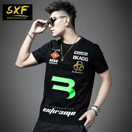SXF圣希梵T恤男潮牌 夏季印花体恤修身烫钻 2020新款男装男士短袖商品大图